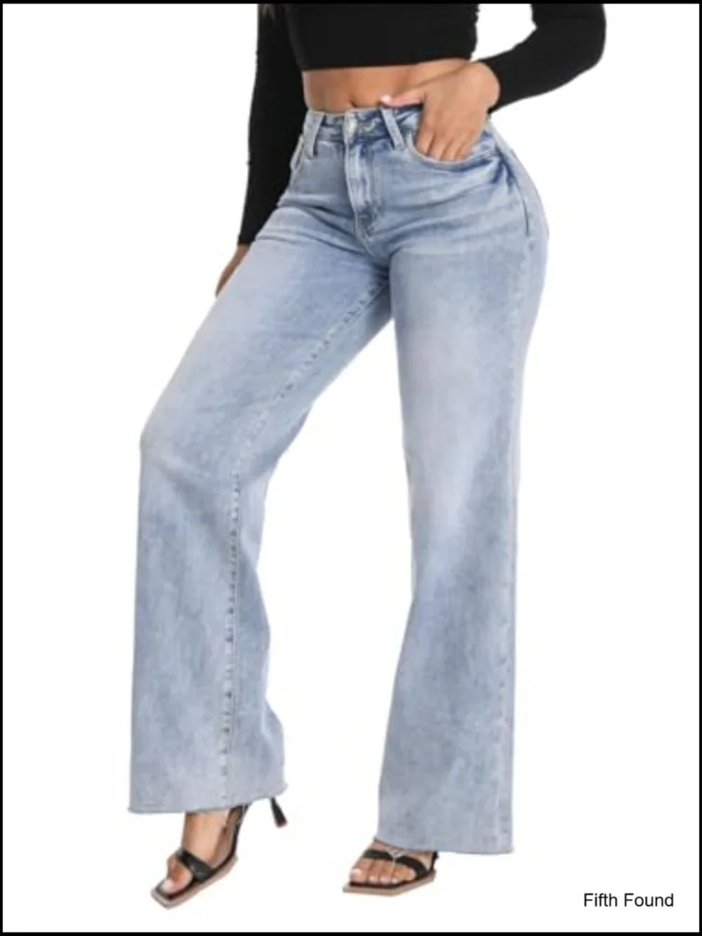 High Waisted Wide Leg Baggy Jeans Stretchy Tummy Control Raw Hem Casual Denim